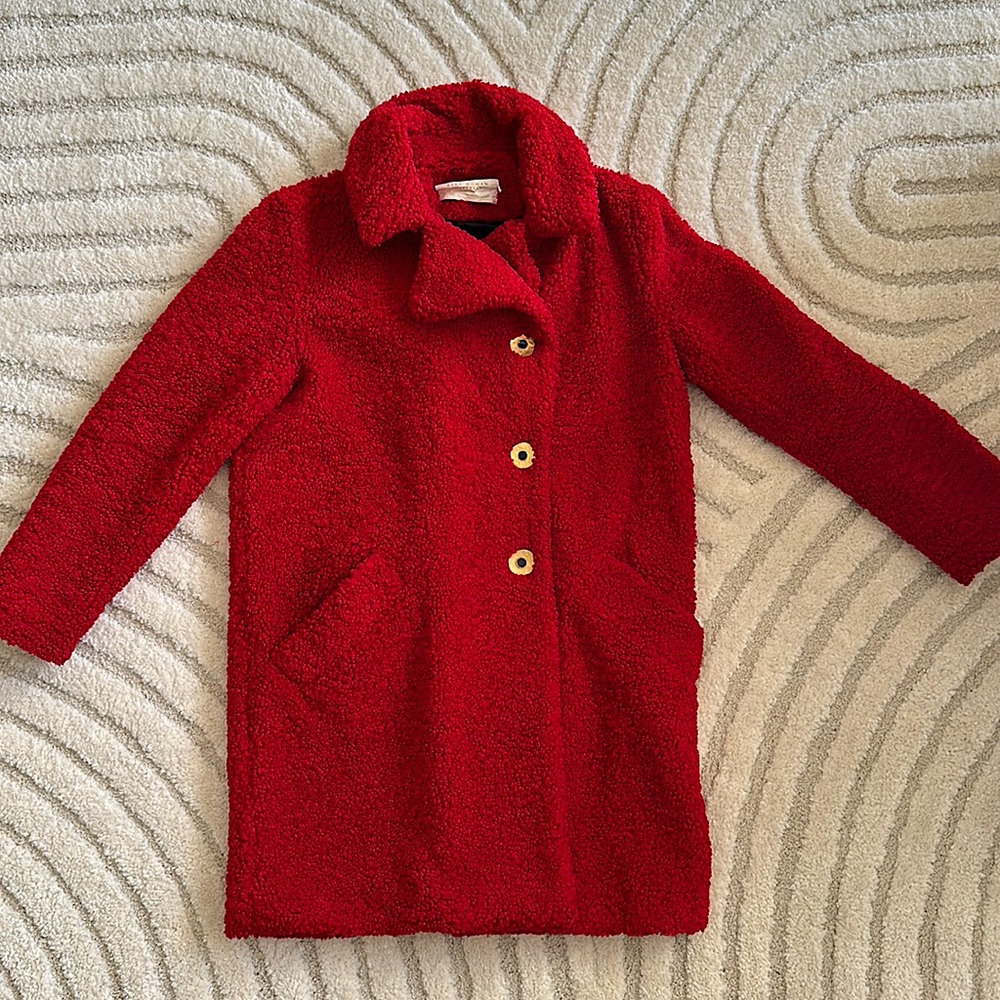 Red bouclé coat